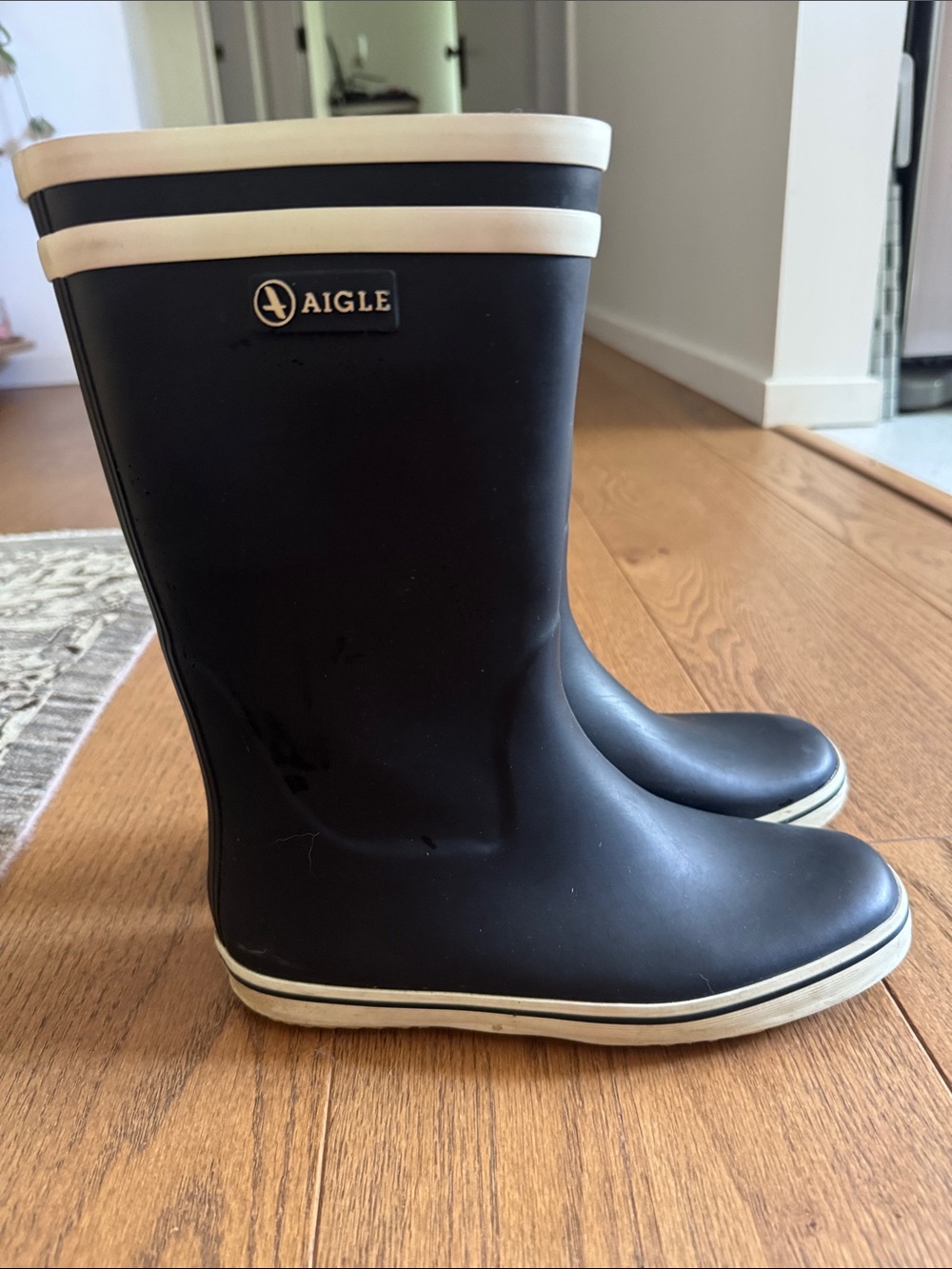 Aigle Navy Rubber Rain Boots with Cream Accents size 36